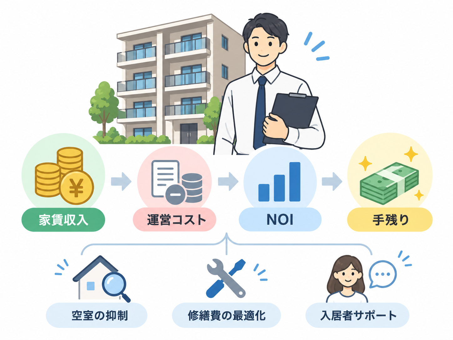 賃貸経営の収益性とNOI・手残りのイメージ